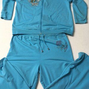 Kaktus Womens soft Zip Front Track Suit 1X Two Piece Rhinestones embroid…